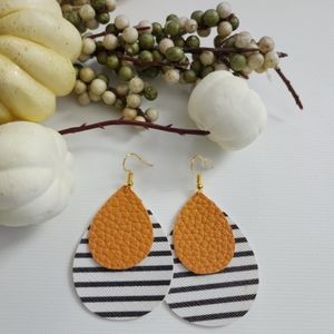 SOLD• HAND CRAFTED Fall Faux Leather Stripe Tear Drop Dangle Earring 3"